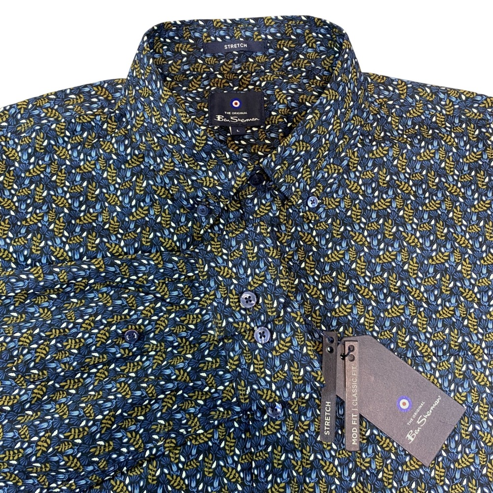 Ben Sherman Mens Large Grass Green Floral Leaf Print Stretch Mod Fit Shirt